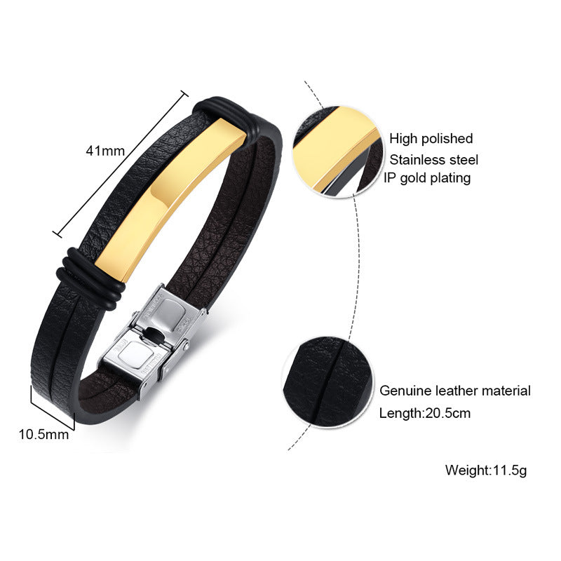 Rockyu ブレスレット メンズ レザー 二重巻き 高光沢ステンレス バングル 20.5cm