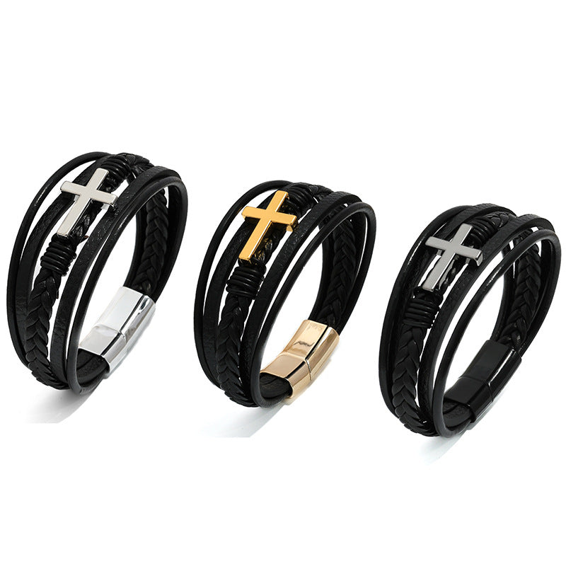 Rockyu メンズ ブレスレット レザー クロス 多重巻き 黒 革 バングル 編み込み アジアン風