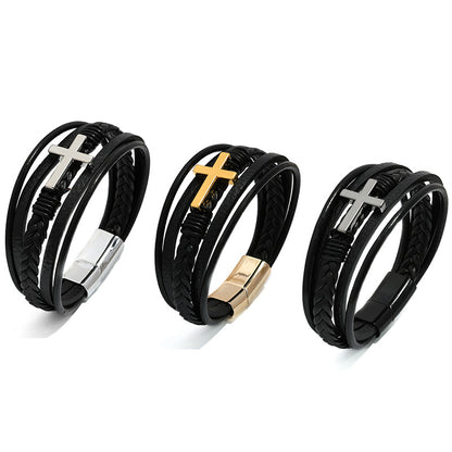 Rockyu メンズ ブレスレット レザー クロス 多重巻き 黒 革 バングル 編み込み アジアン風