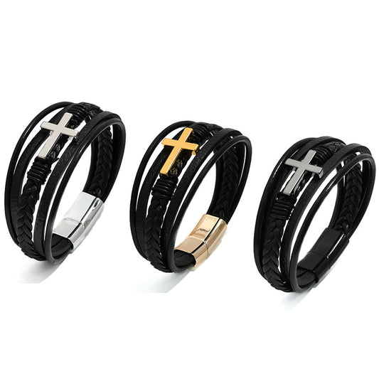Rockyu メンズ ブレスレット レザー クロス 多重巻き 黒 革 バングル 編み込み アジアン風