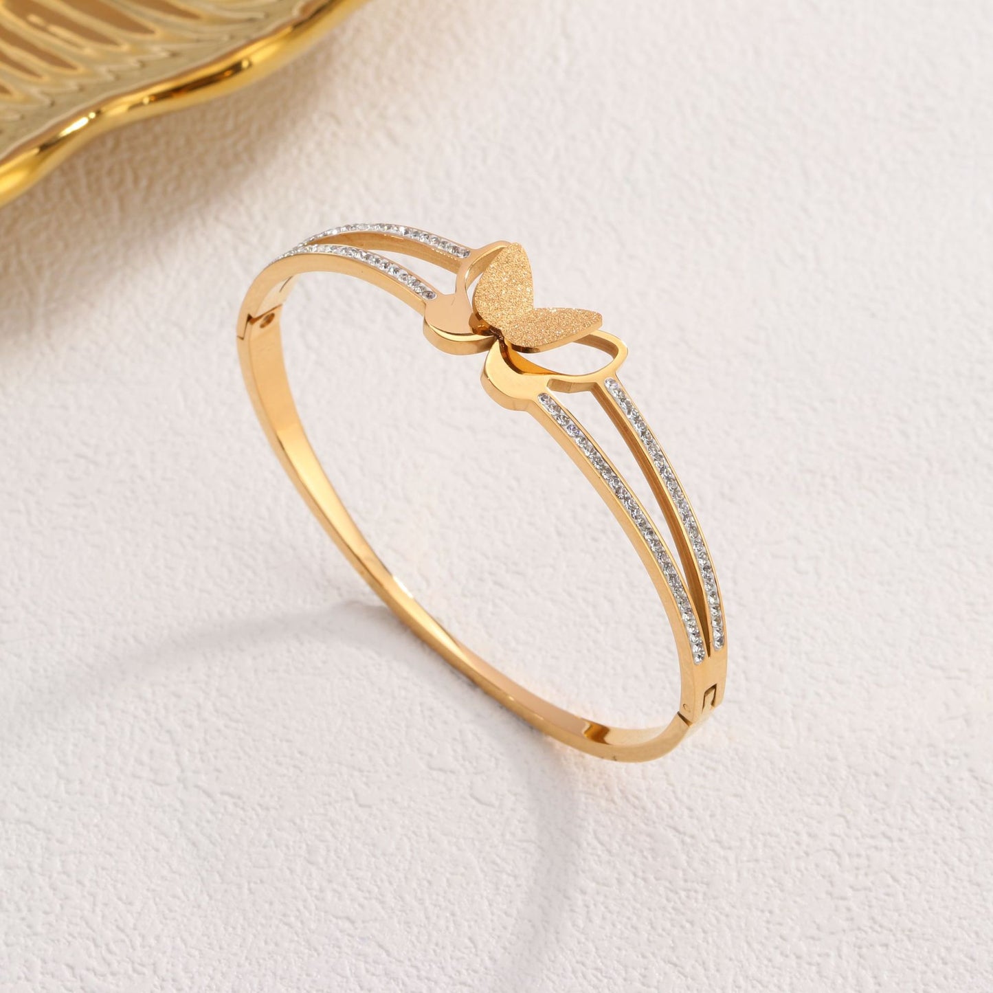 Rockyu ブレスレット レディース 蝶モチーフ ジルコニア入り 18Kピンクゴールド チタン製