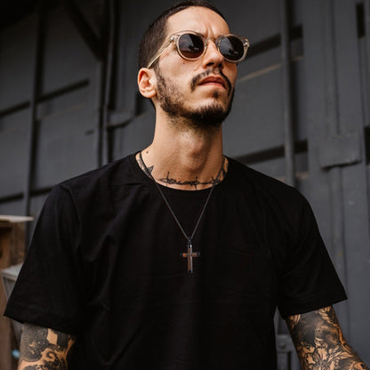 Rockyu ネックレス メンズ 十字架 シルバー チェーン チタン 梨花木 ブラウン クロス