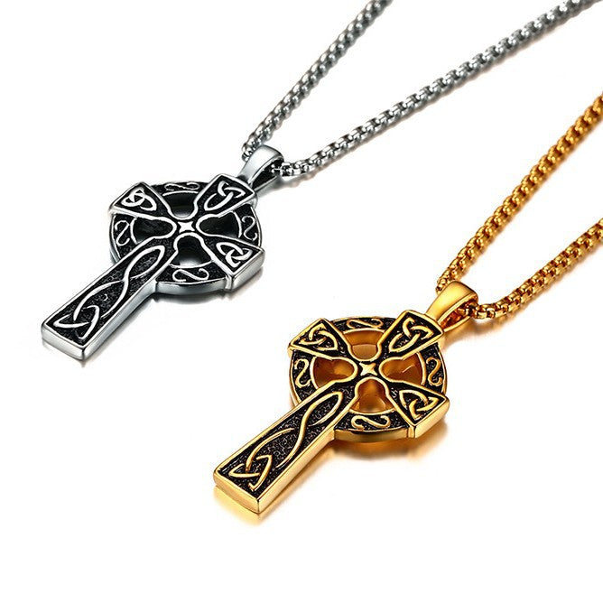 Rockyu ネックレス メンズ ステンレス ケルティッククロス ペンダント チェーン付 ブラック ゴールド シルバー