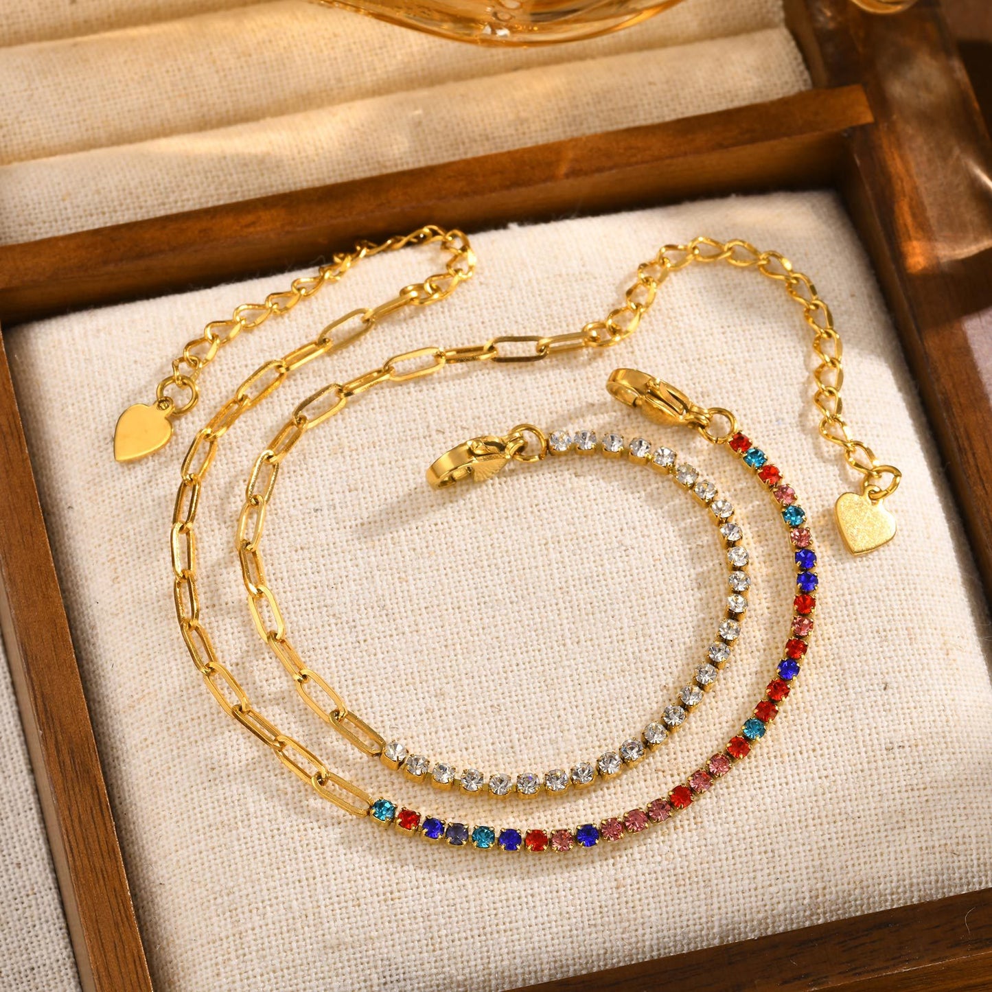 ブレスレット レディース ブランド ゴールド 小方形 正方形 ジルコニアチェーンブレスレット 心形ペンダント ステンレス 金属アレルギー対応 細い おしゃれ 恋人の日 誕生日 プレゼント