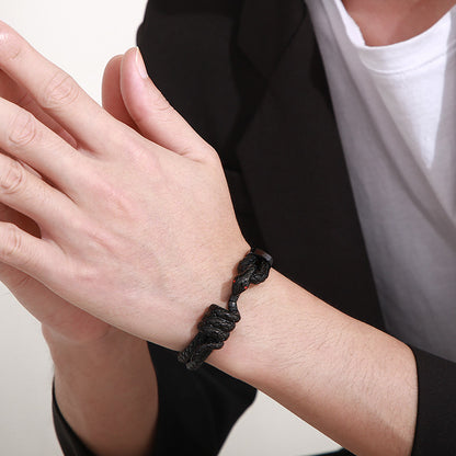 Rockyu ブレスレット メンズ スネークデザイン レザー＆ステンレス ブラック 蛇モチーフ