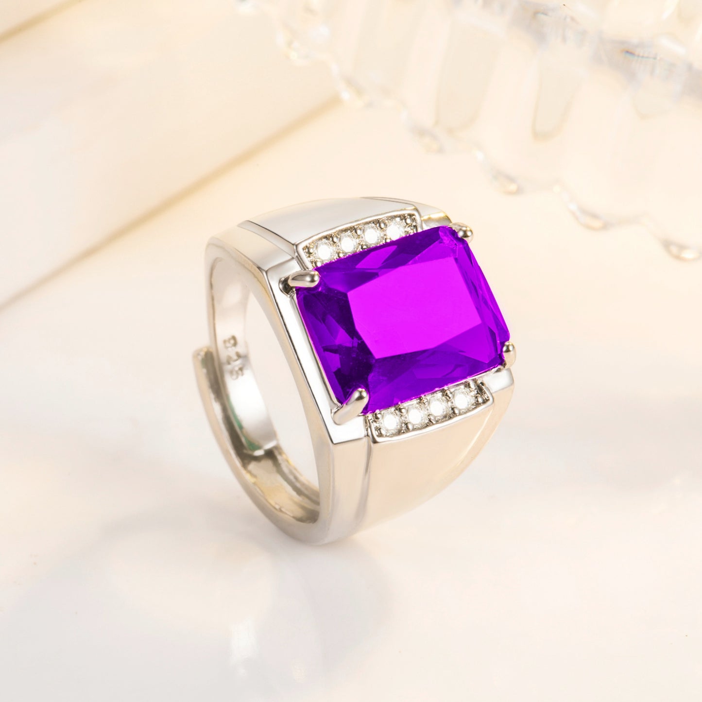 Rockyu メンズリング シルバー フリーサイズ 光沢仕上げ 一粒カラージルコニア