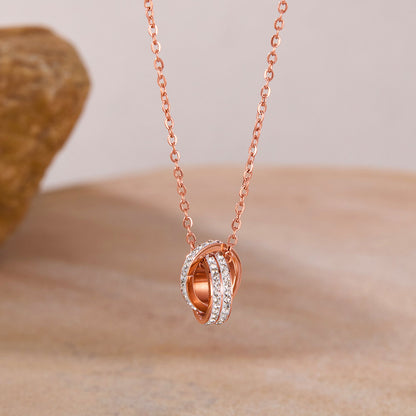 Rockyu ネックレス レディース ピンクゴールド 2連リングペンダント CZ輝石付き