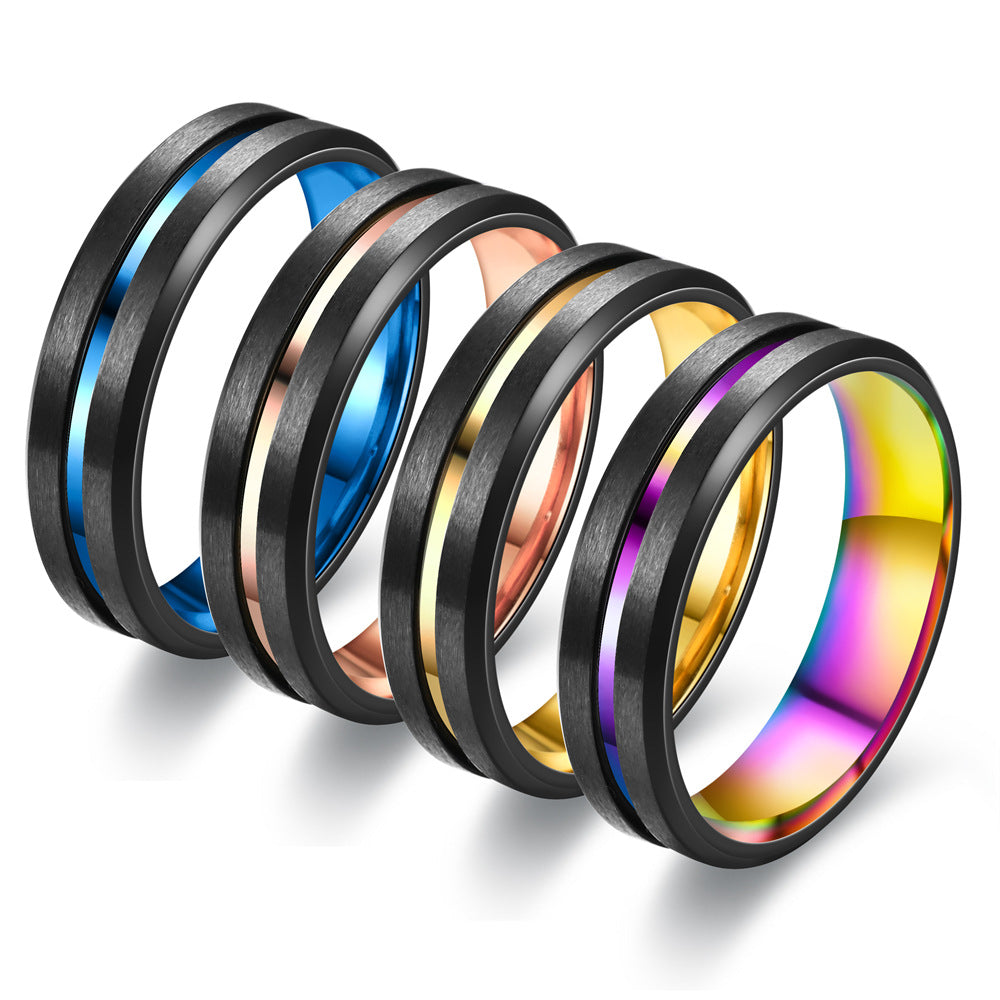 Rockyu メンズリング ステンレス製 ブラックライン 5色展開 6mm幅 マット仕上げ