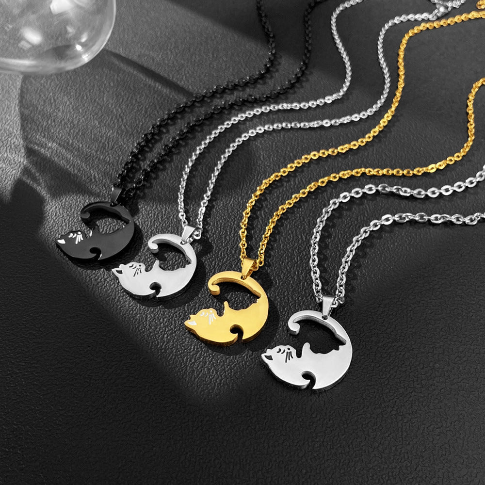 Rockyu ペアネックレス 猫モチーフ シルバー＆ブラック 男女兼用 ステンレス 可愛い カップルセット