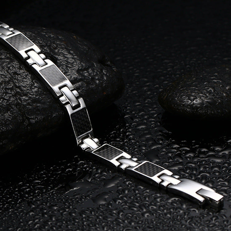 Rockyu ブレスレット メンズ ステンレス シルバー ブラック カーボン調 幅広チェーン モダンデザイン