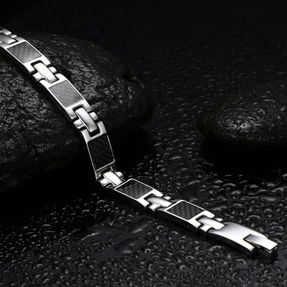 Rockyu ブレスレット メンズ ステンレス シルバー ブラック カーボン調 幅広チェーン モダンデザイン