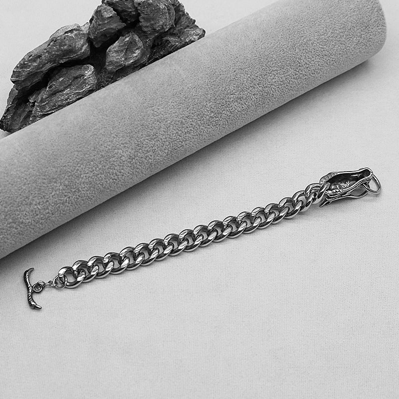 Rockyu 龍ブレスレット メンズ シルバー 太めチェーン チタン製 ドラゴンデザイン