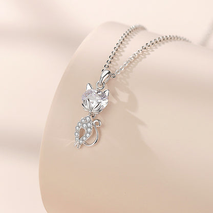 Rockyu ネックレス レディース 猫モチーフ シルバー925 ジルコニア CZダイヤ 一粒 純銀製 ペンダント