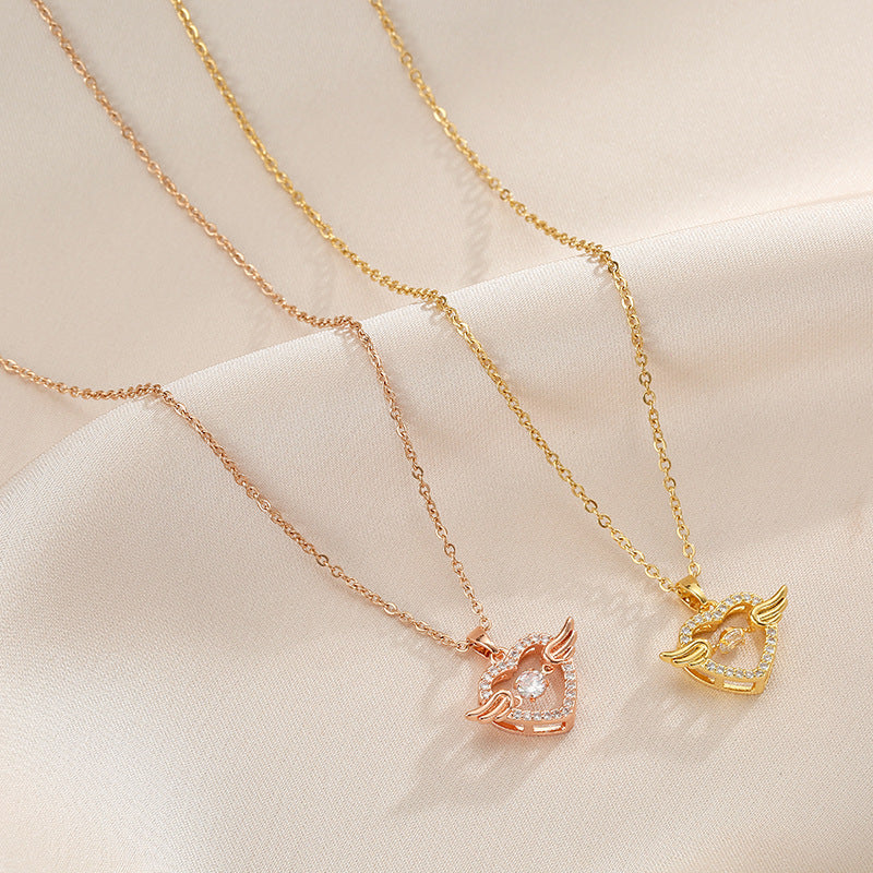 Rockyu ネックレス レディース ハート＆ウィング CZ ピンクゴールド ゴールド 鎖骨チェーン