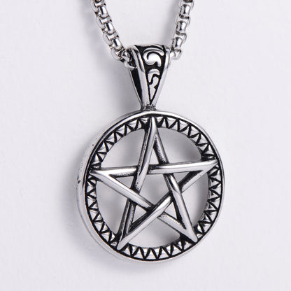 Rockyu ネックレス メンズ シルバー 五芒星ペンダント｜ヴィンテージ風 円形デザイン お守りジュエリー