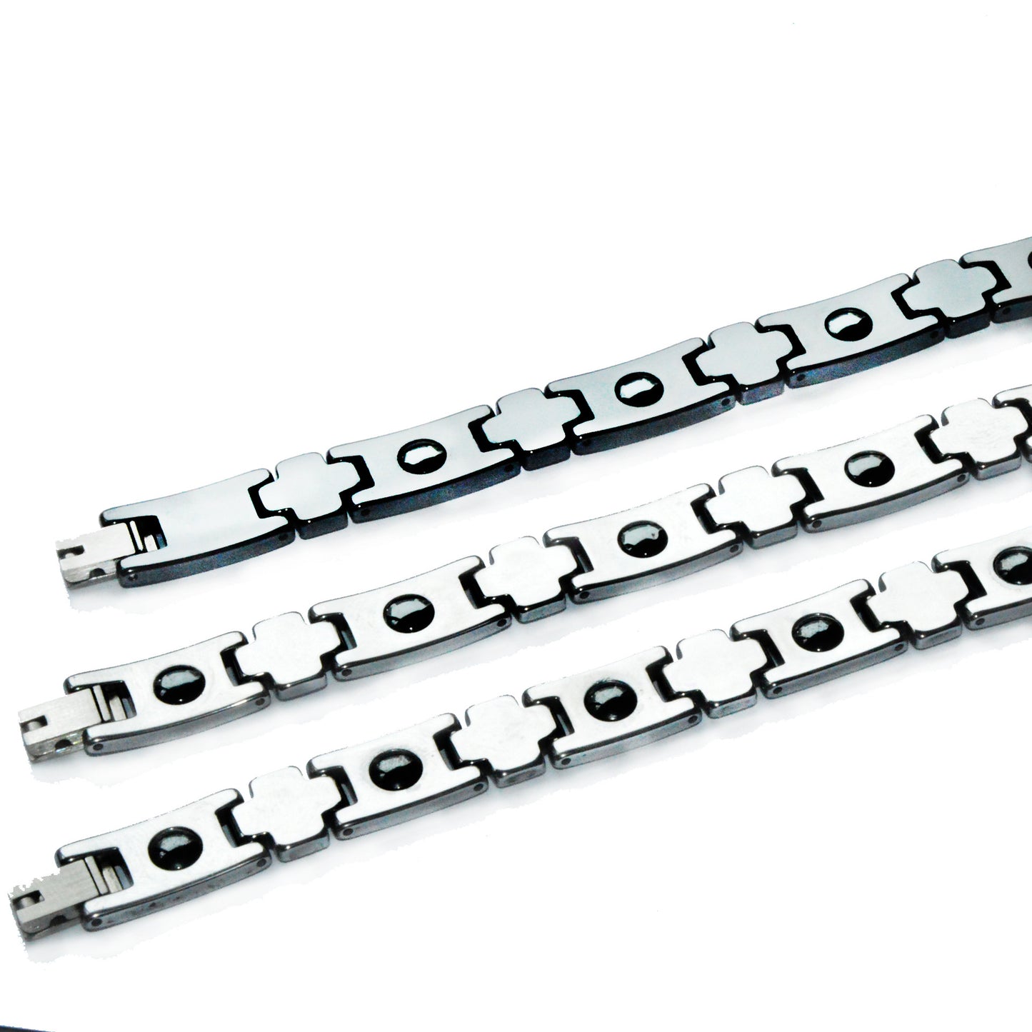 Rockyu タングステン磁気ブレスレット メンズ シルバー・ブルー シェルインレイ 静電気対策 4種天然エレメント搭載