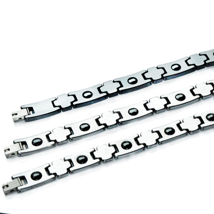 Rockyu タングステン磁気ブレスレット メンズ シルバー・ブルー シェルインレイ 静電気対策 4種天然エレメント搭載