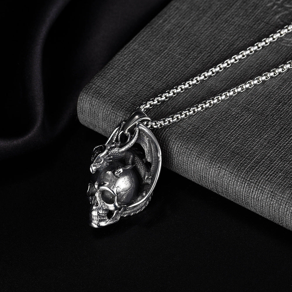 Rockyu ドクロ＆ドラゴンウィングネックレス｜ステンレス製 メンズ アンティーク風ペンダント