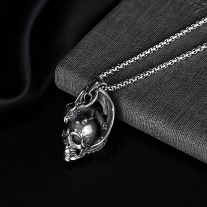 Rockyu ドクロ＆ドラゴンウィングネックレス｜ステンレス製 メンズ アンティーク風ペンダント