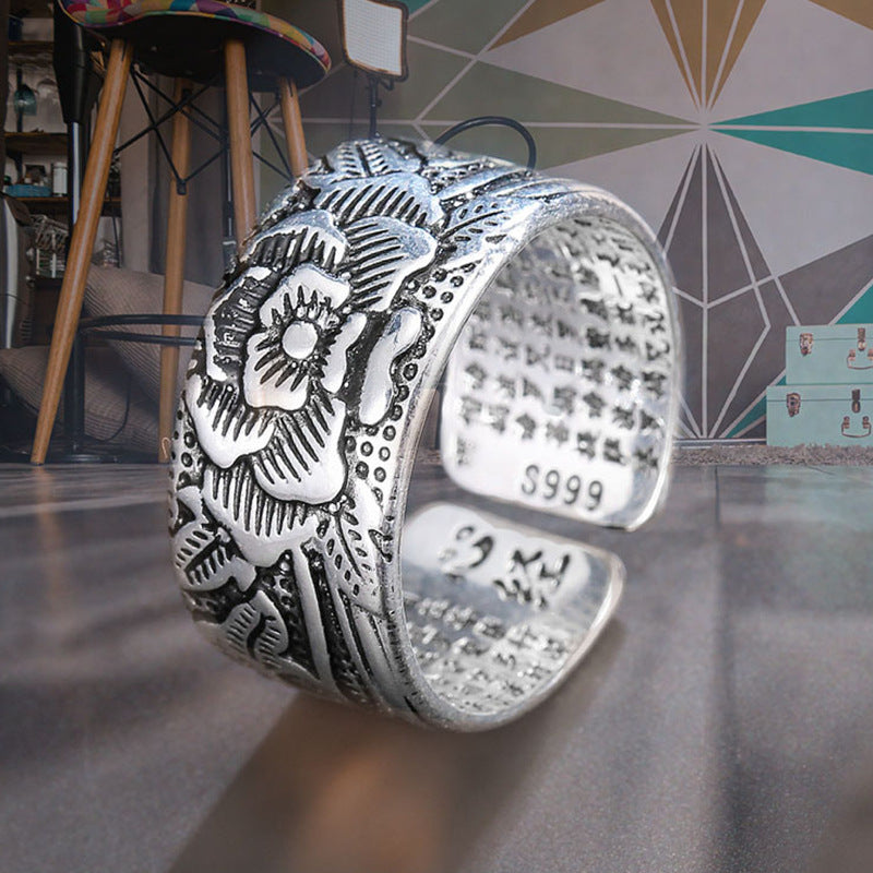 Rockyu 蓮モチーフリング メンズ レディース フリーサイズ 仏教経文刻印 シルバーメッキ