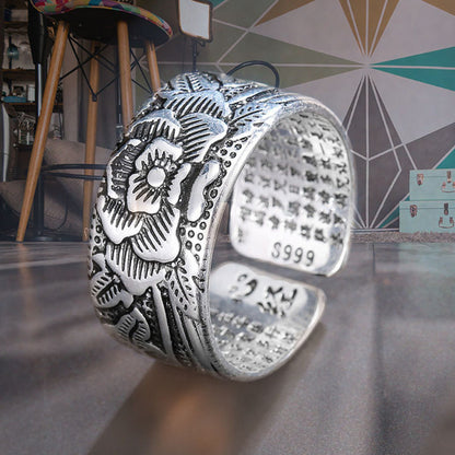 Rockyu 蓮モチーフリング メンズ レディース フリーサイズ 仏教経文刻印 シルバーメッキ