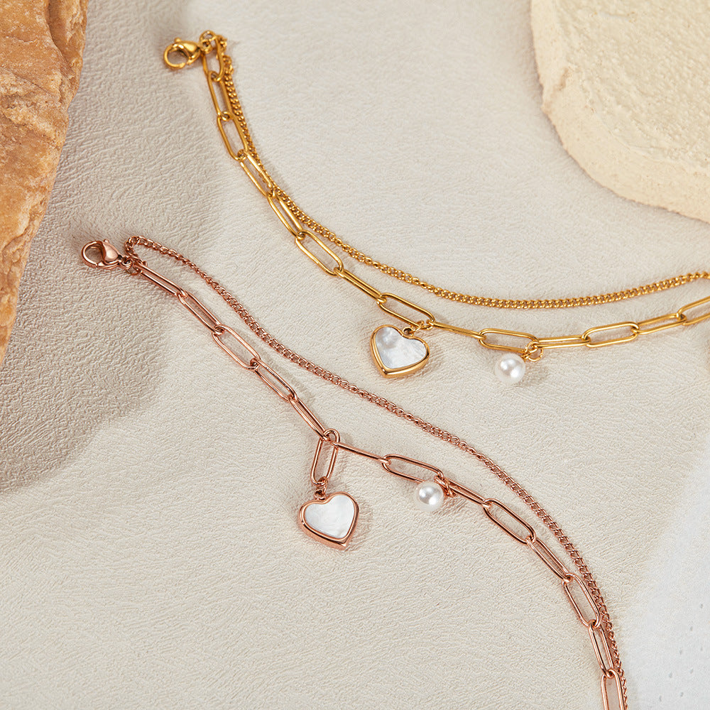 Rockyu ブレスレット レディース 二連チェーン ハート&パールモチーフ チタン製