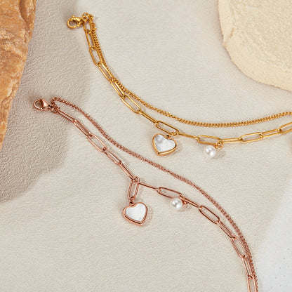 Rockyu ブレスレット レディース 二連チェーン ハート&パールモチーフ チタン製