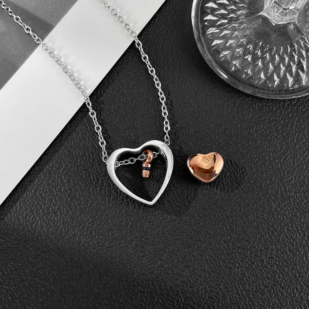 Rockyu ダブルハートネックレス レディース チタン製 ローズゴールド×シルバー メモリアルペンダント 500mmチェーン
