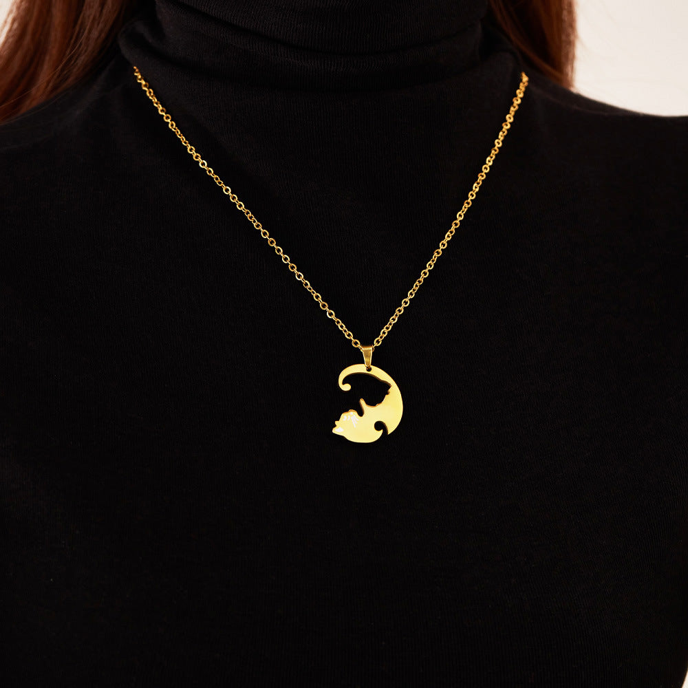 Rockyu ペアネックレス 猫モチーフ シルバー＆ブラック 男女兼用 ステンレス 可愛い カップルセット