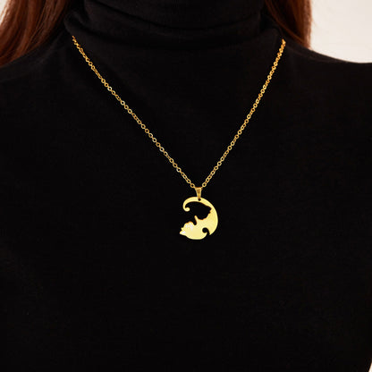 Rockyu ペアネックレス 猫モチーフ シルバー＆ブラック 男女兼用 ステンレス 可愛い カップルセット