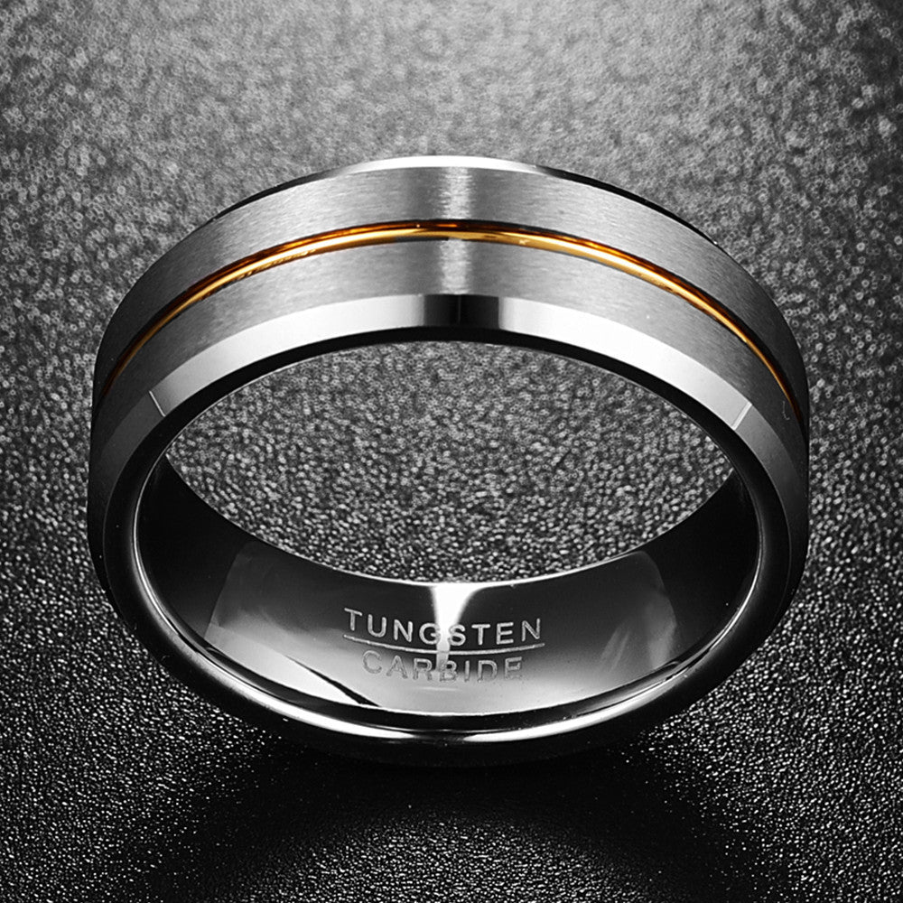 Rockyu メンズリング タングステン シルバー 8mm ヘアライン加工 マット質感 ゴールドライン入り指輪