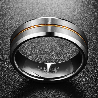 Rockyu メンズリング タングステン シルバー 8mm ヘアライン加工 マット質感 ゴールドライン入り指輪