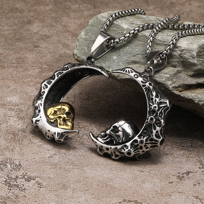 Rockyu メンズネックレス 月とスカルのダークペンダント ステンレス製 60cmチェーン付き