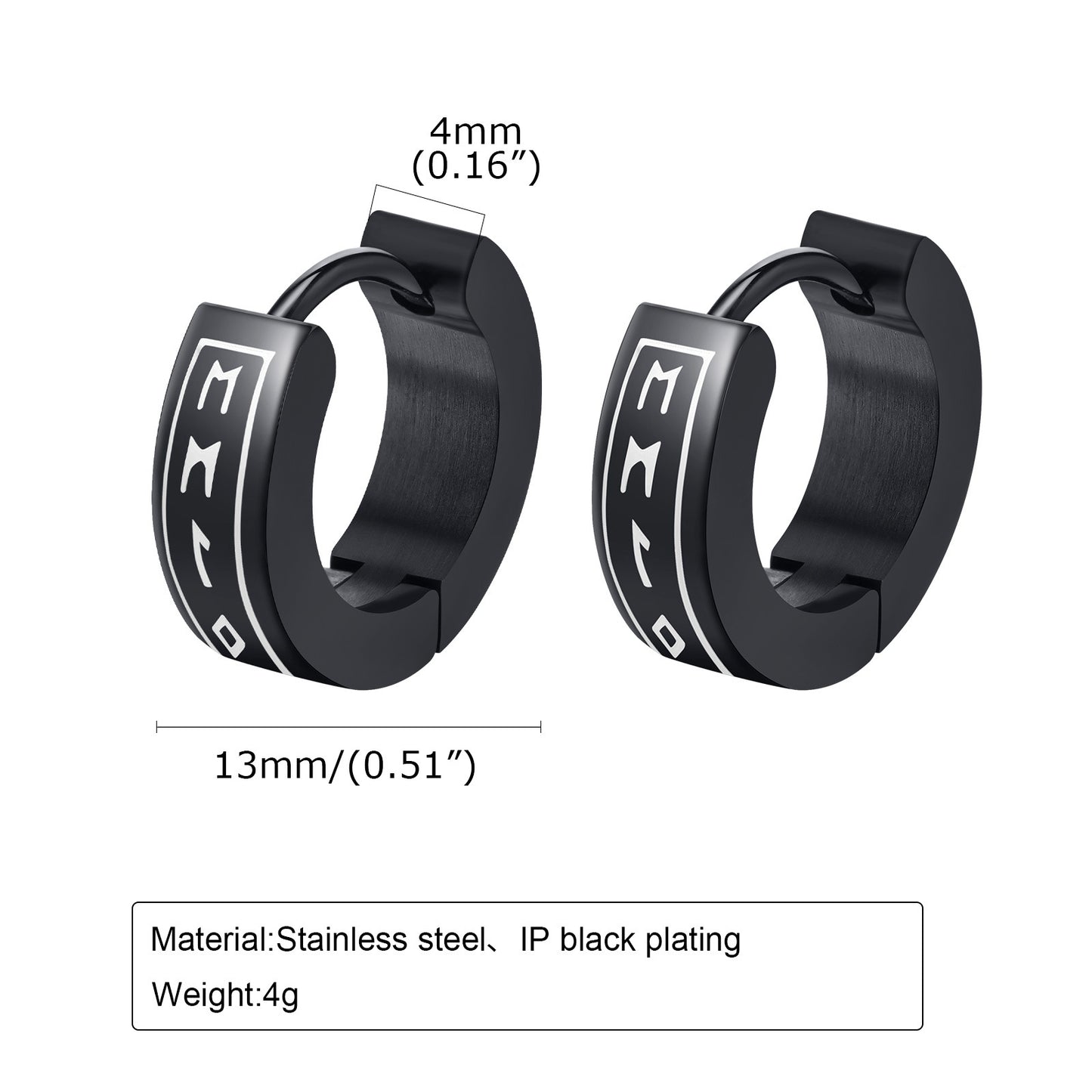 Rockyu ステンレス製 ブラックコーティング柄入りフープピアス メンズ 片耳用