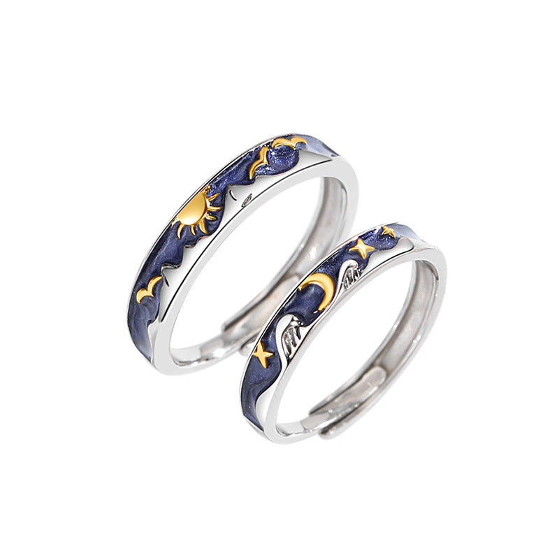 Rockyu フリーサイズリング 藍色の空に太陽と月が輝く幻想デザイン