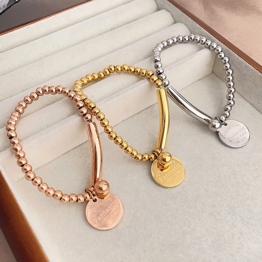 Rockyu レディースビーズブレスレット ステンレス製 刻印チャーム付き ニューヨークスタイル ファッションアクセサリー
