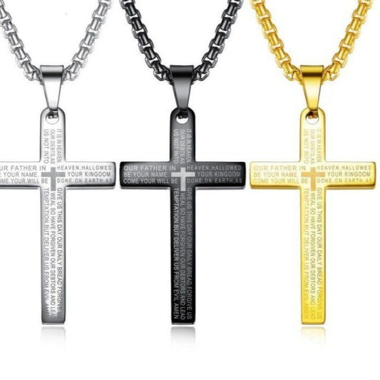 Rockyu 十字架ネックレス メンズ チタン風ステンレス 聖書刻印 ペンダント 仕上げ高級