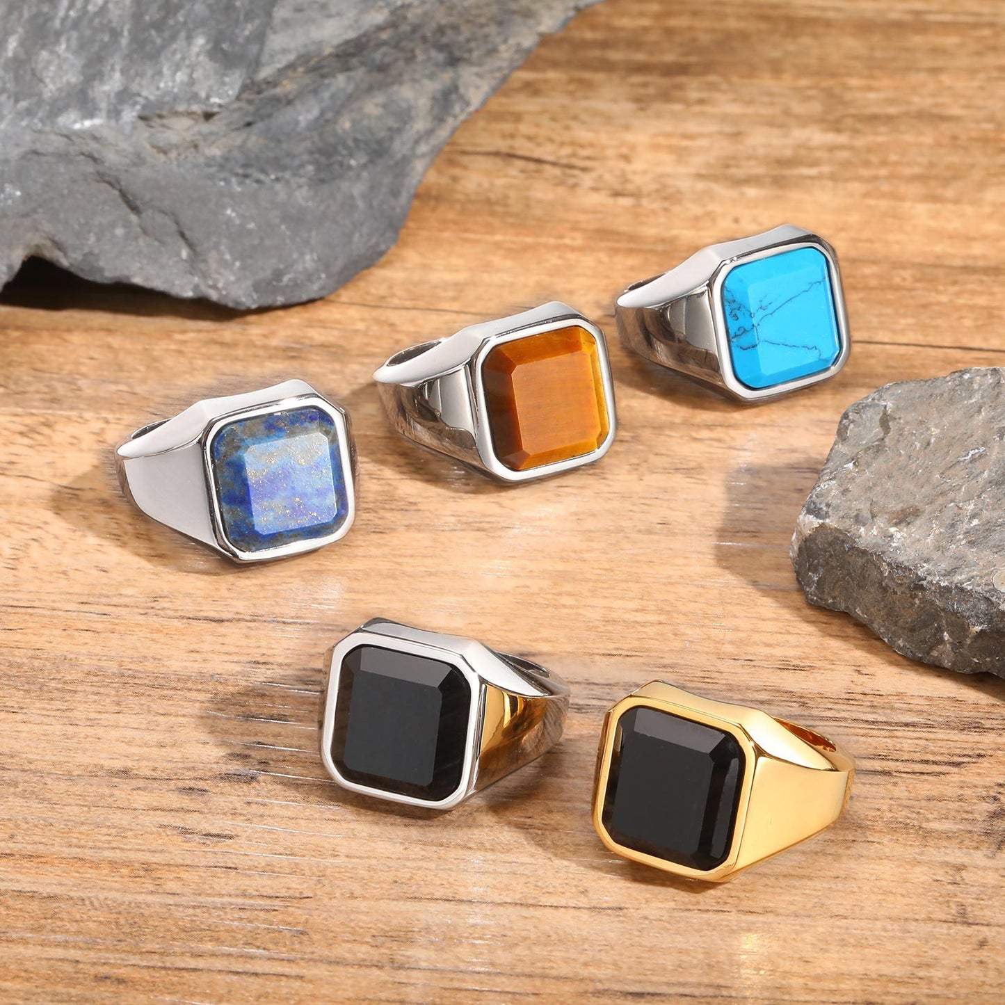 Rockyu メンズ印台リング ステンレス 四角ストーン IPゴールド 金属アレルギー対応