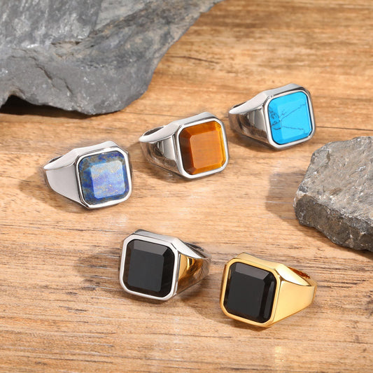 Rockyu メンズ印台リング ステンレス 四角ストーン IPゴールド 金属アレルギー対応