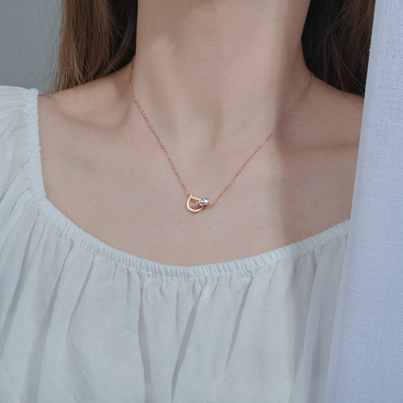 Rockyu ネックレス レディース Dイニシャル リング付き 2連ペンダント ピンクゴールド＆シルバー CZダイヤ 18金メッキ チタン製