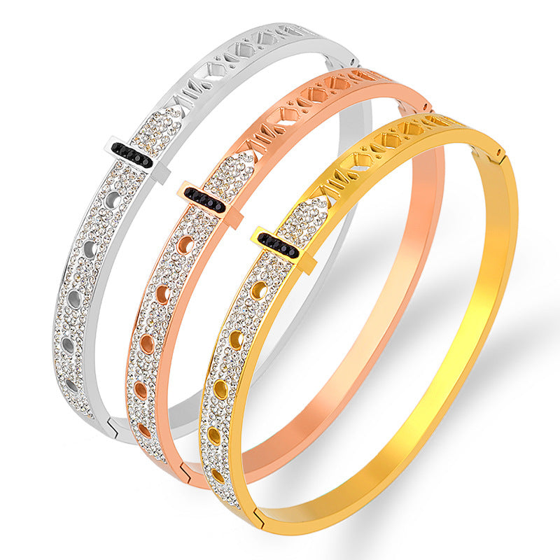 ブレスレット レディース シルバー ゴールド ジルコニア CZ プレートバングル キラキラ czダイヤ 幅6mm チタンブレスレット 金属アレルギー対応 おしゃれ 誕生日 プレゼント アクセサリー
