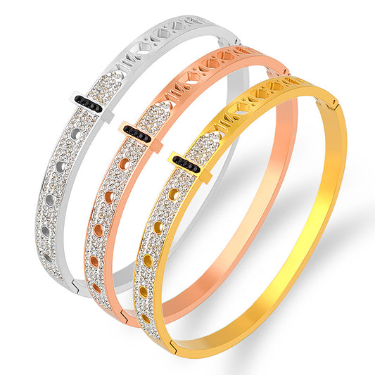 ブレスレット レディース シルバー ゴールド ジルコニア CZ プレートバングル キラキラ czダイヤ 幅6mm チタンブレスレット 金属アレルギー対応 おしゃれ 誕生日 プレゼント アクセサリー