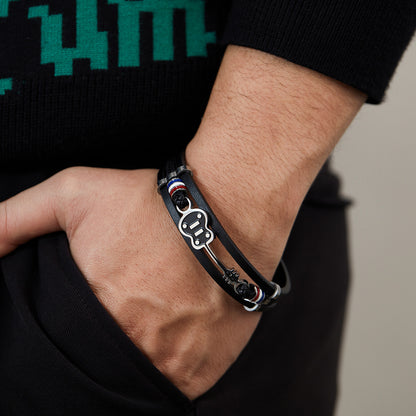 Rockyu ブレスレット メンズ 音楽モチーフ レザー バングル ギター デザイン PU革 ステンレス製 アクセサリー