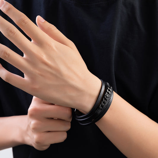 Rockyu メンズブレスレット レザー 黒 多重巻き チェーン 幅広 バングル アクセサリー