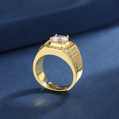 Rockyu メンズリング ゴールド＆シルバー調 大粒ジルコニア フリーサイズ 幅広デザイン