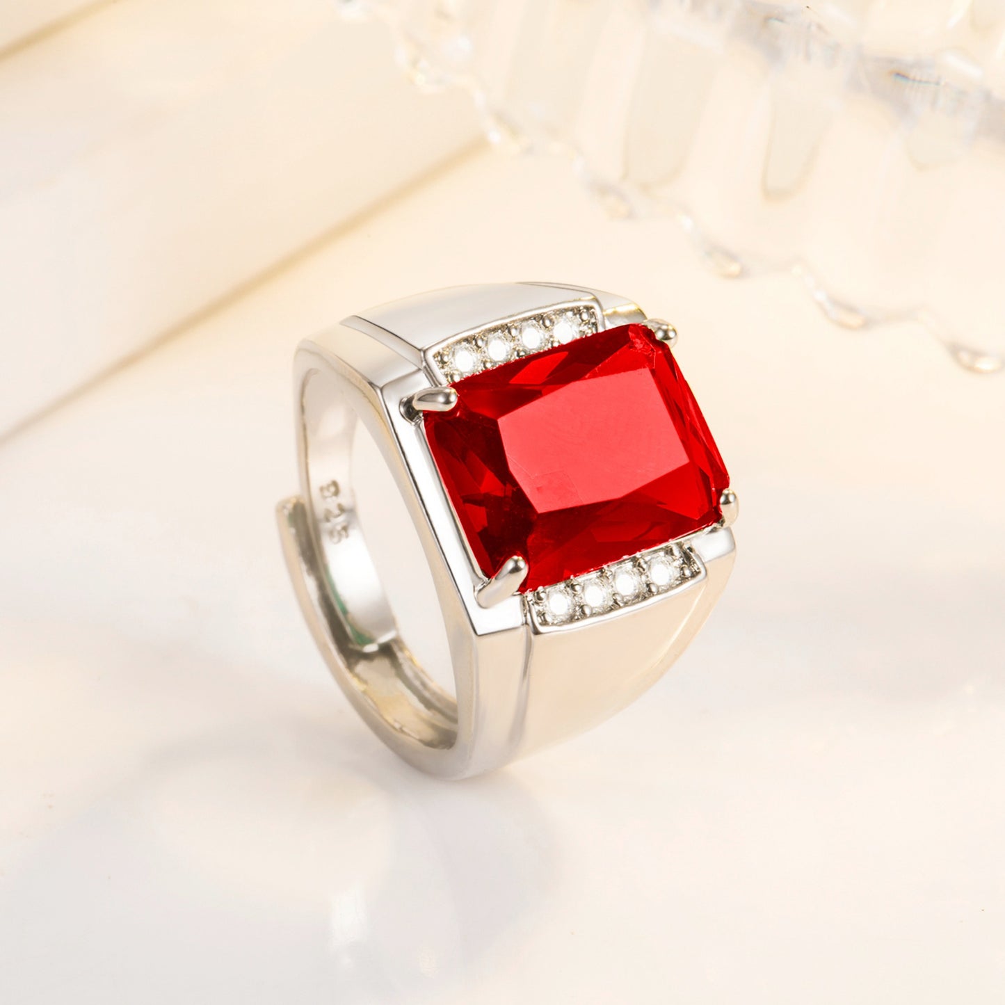 Rockyu メンズリング シルバー フリーサイズ 光沢仕上げ 一粒カラージルコニア