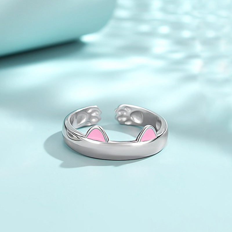 Rockyu 猫耳リング レディース シルバー925 フリーサイズ かわいい猫デザイン 指輪