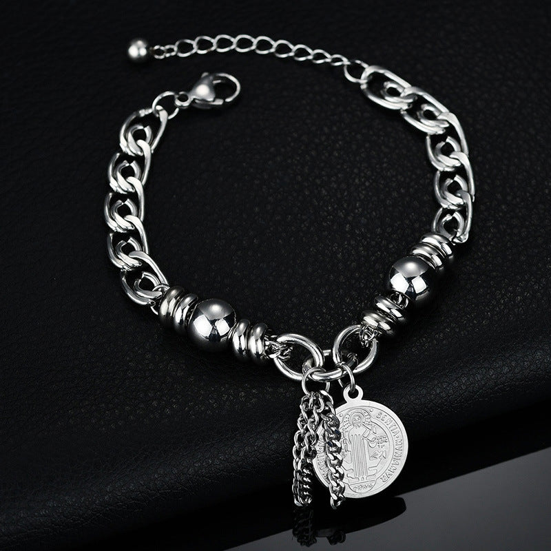 Rockyu レディースブレスレット シルバー チタン 円珠 コイン刻印 トーテム 御守風