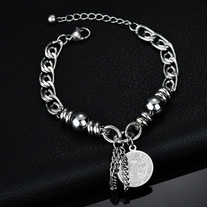 Rockyu レディースブレスレット シルバー チタン 円珠 コイン刻印 トーテム 御守風