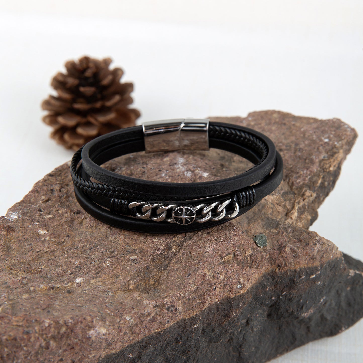 Rockyu メンズブレスレット レザー 黒 多重巻き チェーン 幅広 バングル アクセサリー
